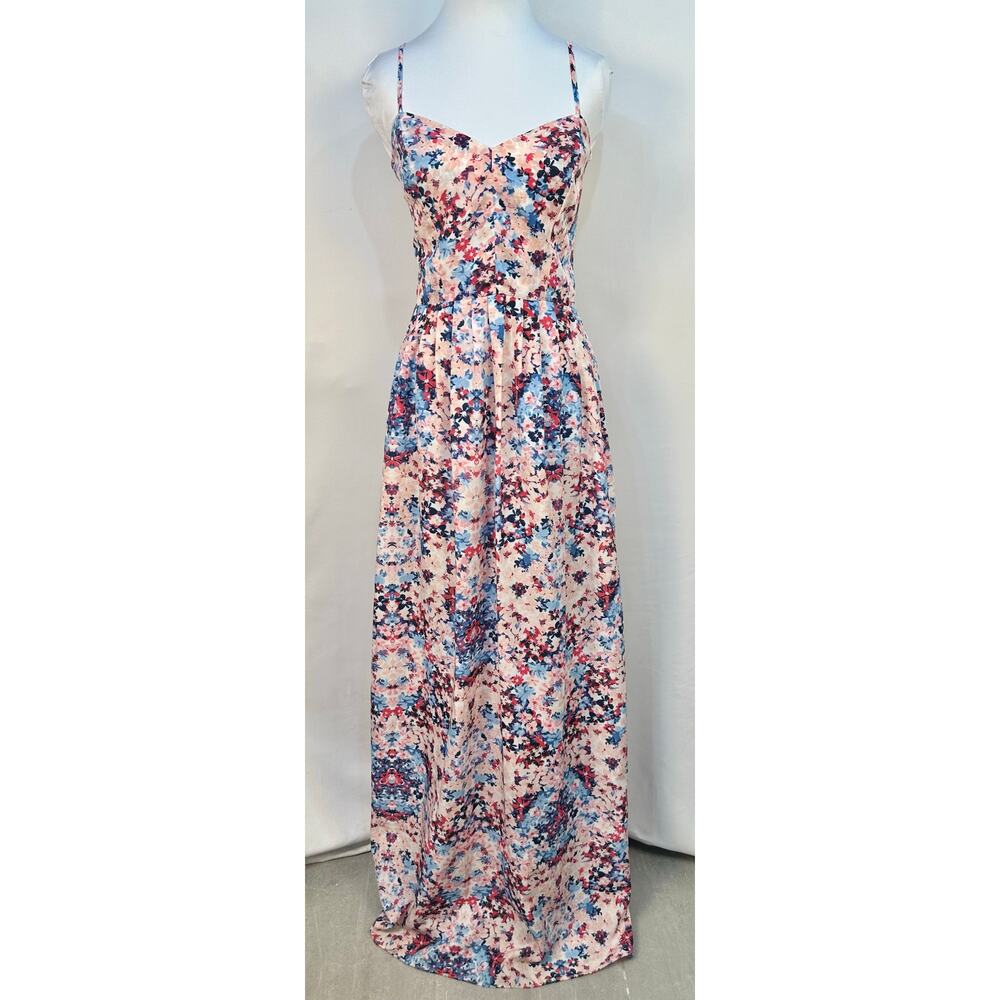 Parker Floral Maxi Dress Spaghetti Strap Fitted Bodice Pink Blue Size S - Picture 2 of 10